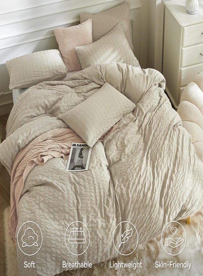 JELLYMONI Light Khaki Duvet Cover Twin Size, 3pcs Washed Microfiber Bedding Set, Soft Breathable Seersucker Duvet Cover Set with Zipper Closure and Corner Ties for All Seasons - Image 2